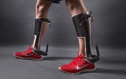 This image shows a passive-elastic ankle exoskeleton. An unpowered clutch...