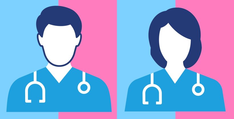 illustration of male and female surgeons in front of blue and pink background,...