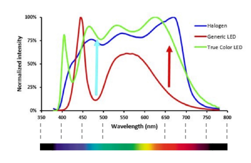 The True Color LED’s spectrum (green) closely matches halogen illumination...