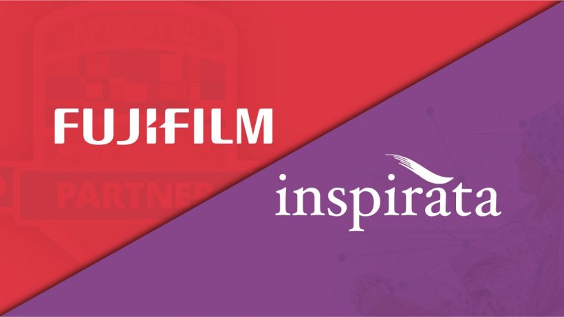 fujifilm and inspirata company logos on red and purple background