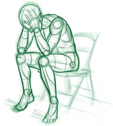 drawing of man sitting down holding his head between his hands